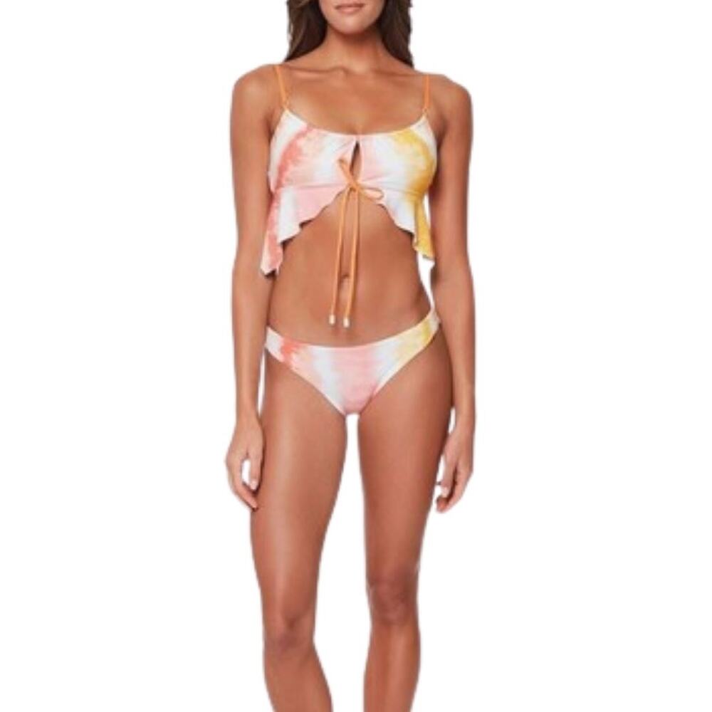 SANCTUARY Bikini Set M Top L Bottom Tie Dye Ruffle Bralette Cinch Back NWT